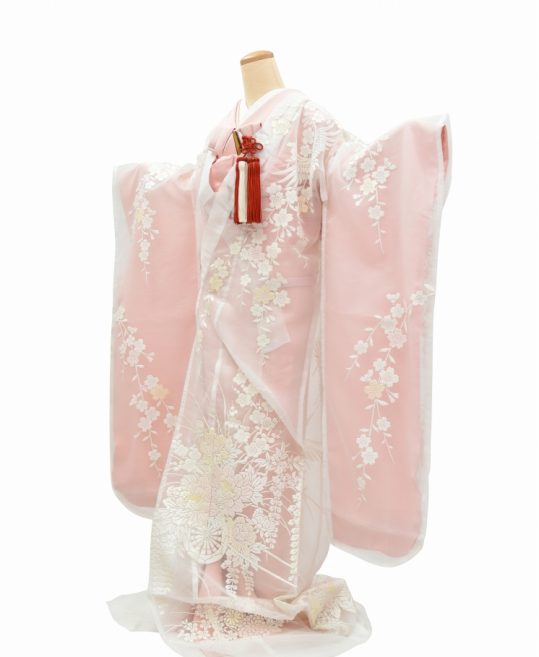 結婚式の色打掛・花嫁用着物|白のオーガンジー地に花車と桜｜着物